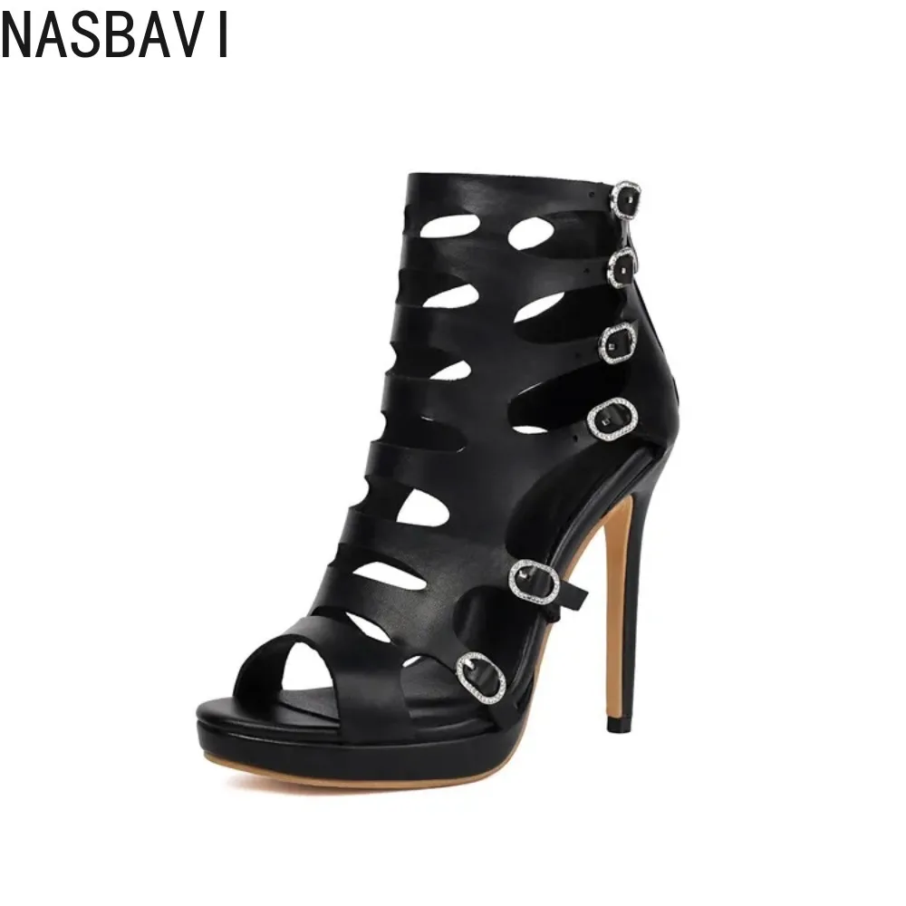 

2026 Spring and Autumn New Fashionable Mesh Hollow Fish Mouth Shoes Black Thick Bottom Sandals Size 34-50