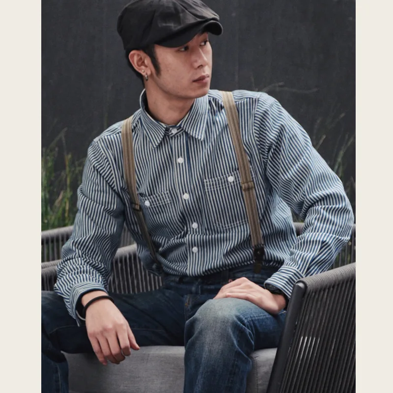 Heavyweight High Quality America Style Spring Fashion Men's Striped Shirt Dual Pockets Long Sleeve Dense Cargo Blouses Tops Male