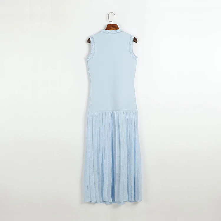 ラウンドネックノースリーブニットプリーツドレスセット、ビーズディテール付き、無地ロングドレス