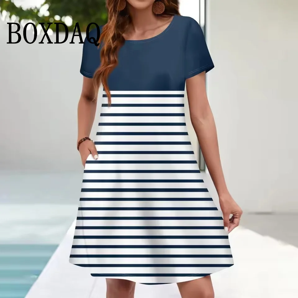 Women\'s Fashion Plus Size O-Neck Short Sleeve Casual Print Loose Dress With Pockets Summer Dresses For Women 2025 Women\'s Dress
