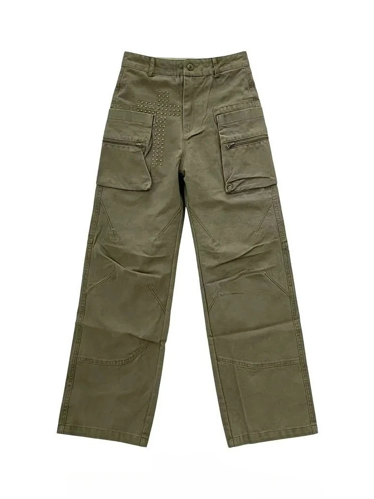 Women's Rivet Army Green Wide Leg Pants 90s Vintage Cool Girl Wide Legs Sweatpants Female High Waisted Personality Trousers