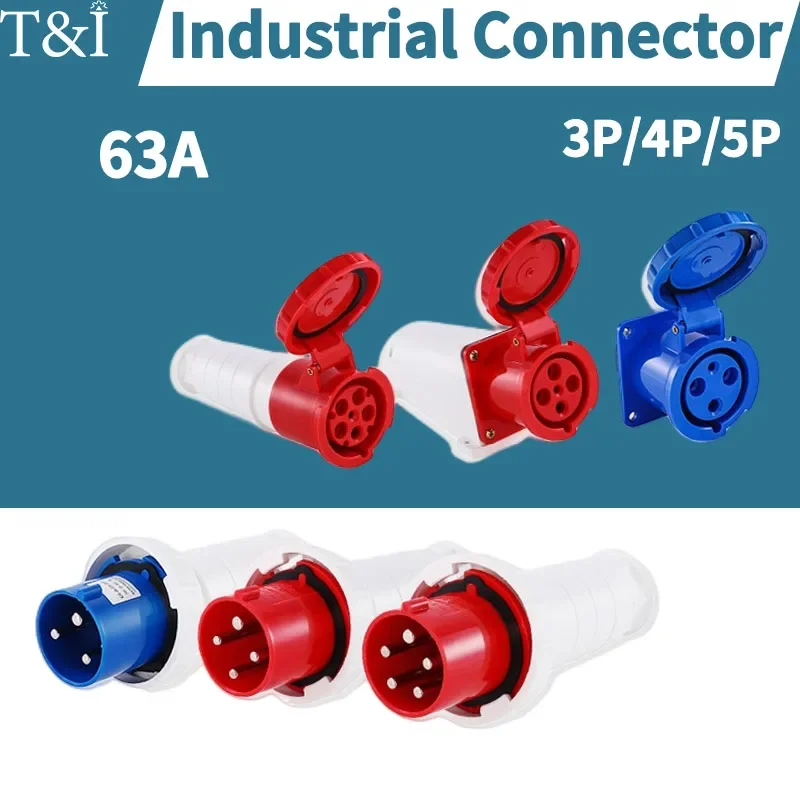 

1PCS 63A Waterproof Industrial Plug 3/4/5 Pin Dustproof Socket IP67 Male and Female Mounted Industrial Connector 380V 415V