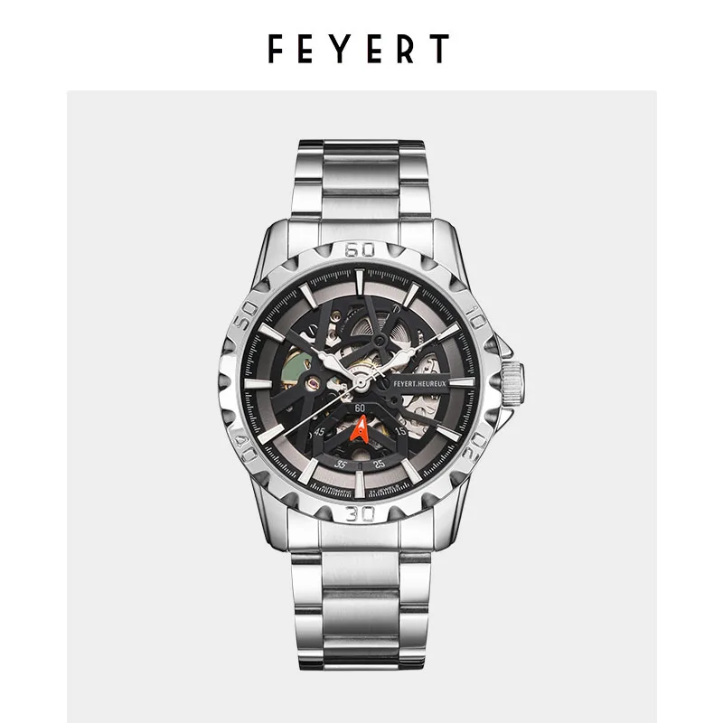 

Часы FEYERT 3ATM, водонепроницаемые, скелетонизированные, с турбийоном, механические, из нержавеющей стали, деловые, высококлассные мужские механические часы.