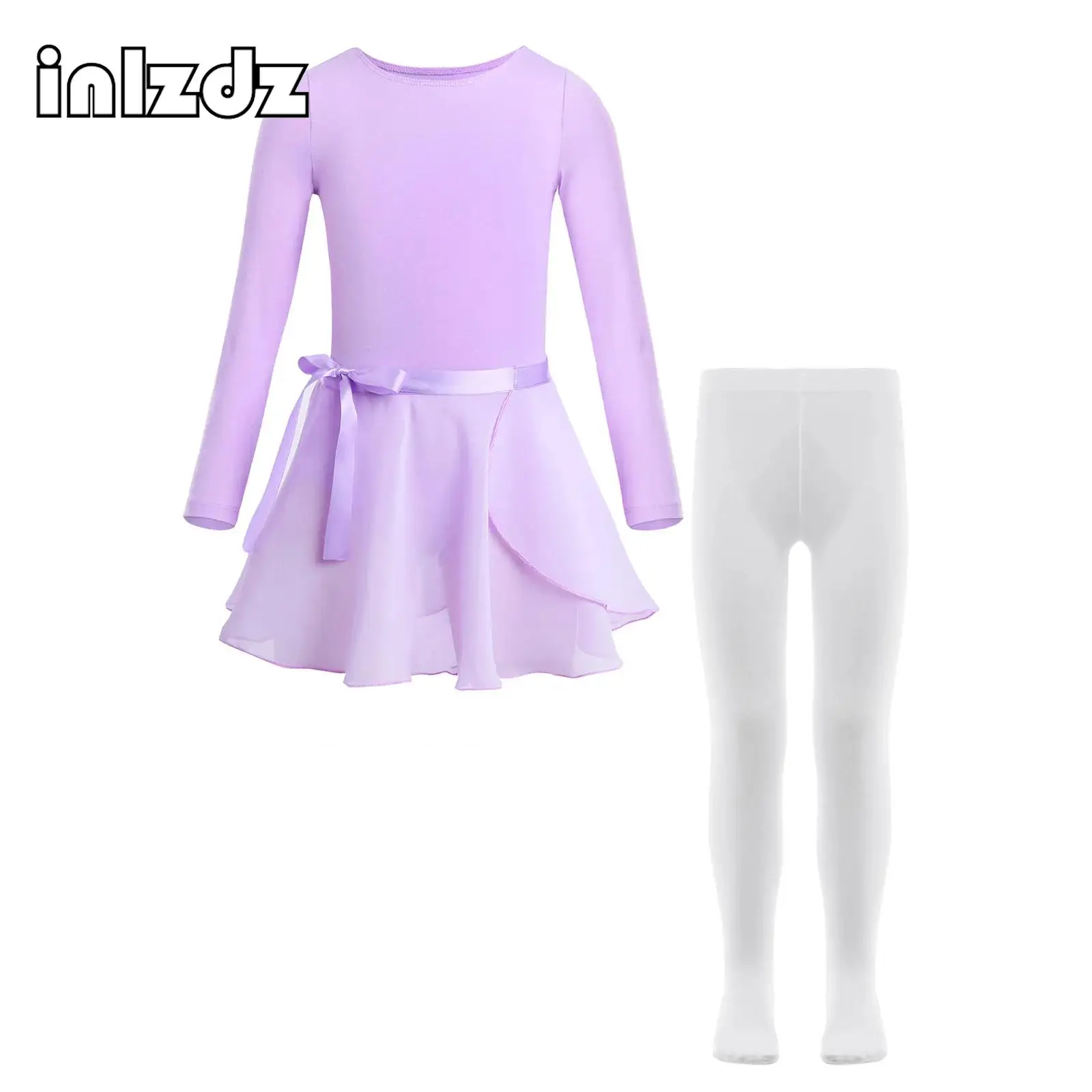 Body da ragazza a maniche lunghe con cravatta Gonna in chiffon Collant Collant da balletto Abiti da pratica Ginnastica in cotone Allenamento Abiti da ballo