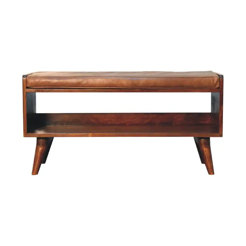 

Chestnut Wood Bench with Brown Leather Seat Pad - Stylish & Durable Seating for Home or Office