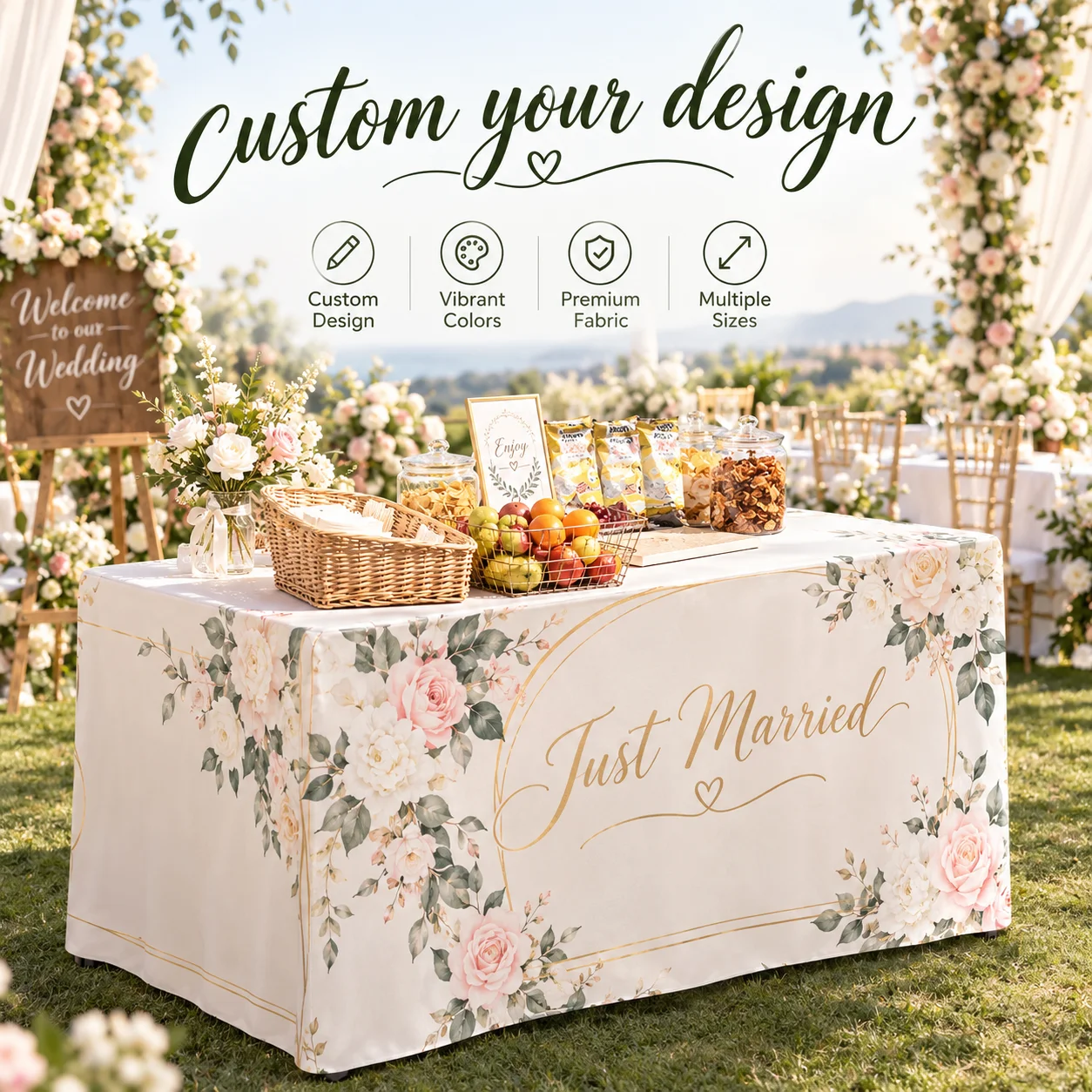 Custom Logo Tablecloth 4FT 5FT 6FT 8FT Polyester Cotton Table Cover Wedding Celebration, Business Banquet