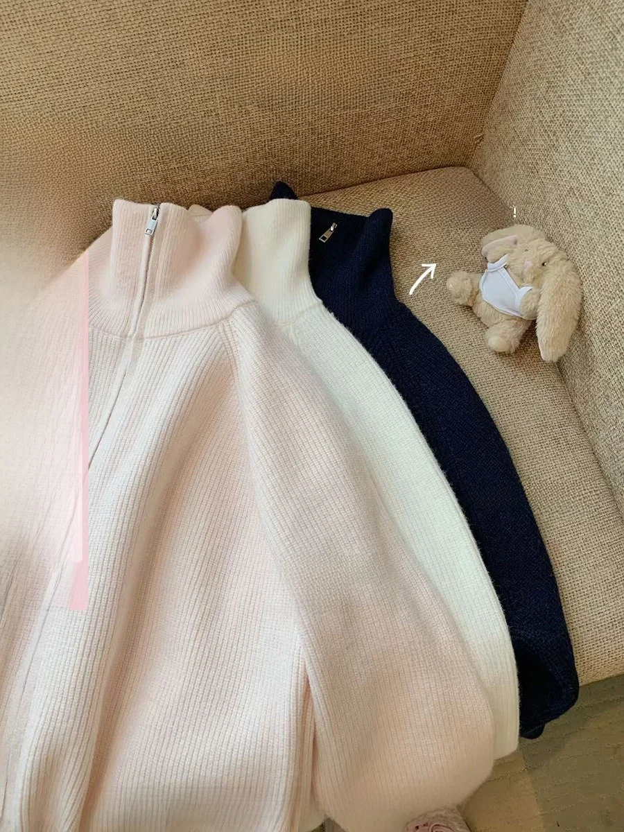 

Женский свободный вязаный кардиган CallmeEar Simple с высоким воротником на молнии, весна-осень