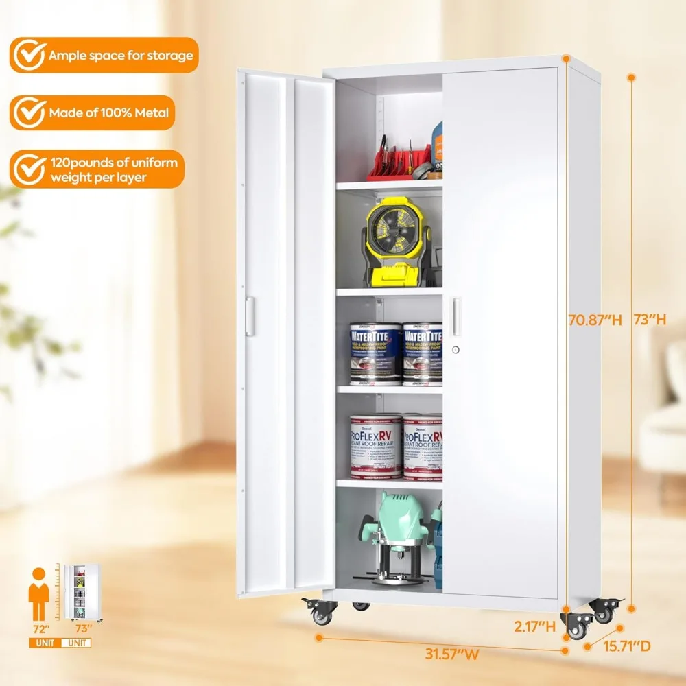 خزانة تخزين معدنية مقاس 73 بوصة على عجلات، وخزانة تخزين جراج بعجلات و4 أرفف قابلة للتعديل، وخزائن متدحرجة #2