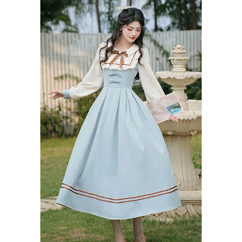 

Ретро-юбка в стиле Лолита для девочек, синяя, с высокой талией, А-силуэт, длинная, из мягкого хлопкового смесового материала