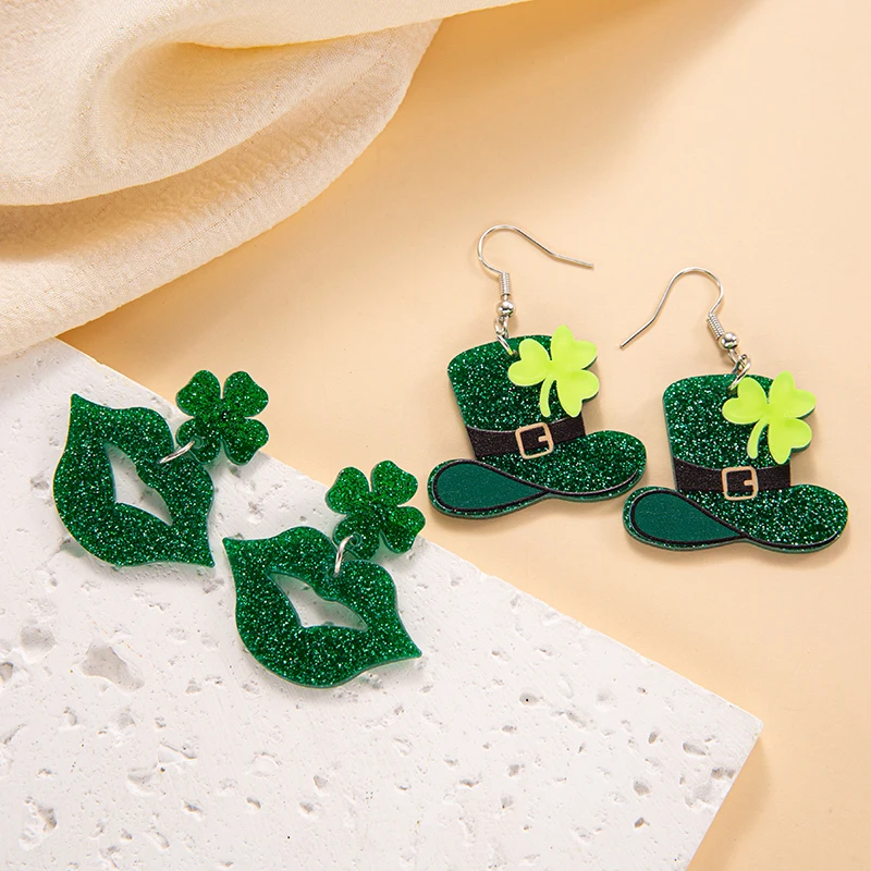 St Patricks Day Glitter Lucky Green Hat Earrings for Women Girls Irish Shamrock Green Clover Hat Dangle Earrings