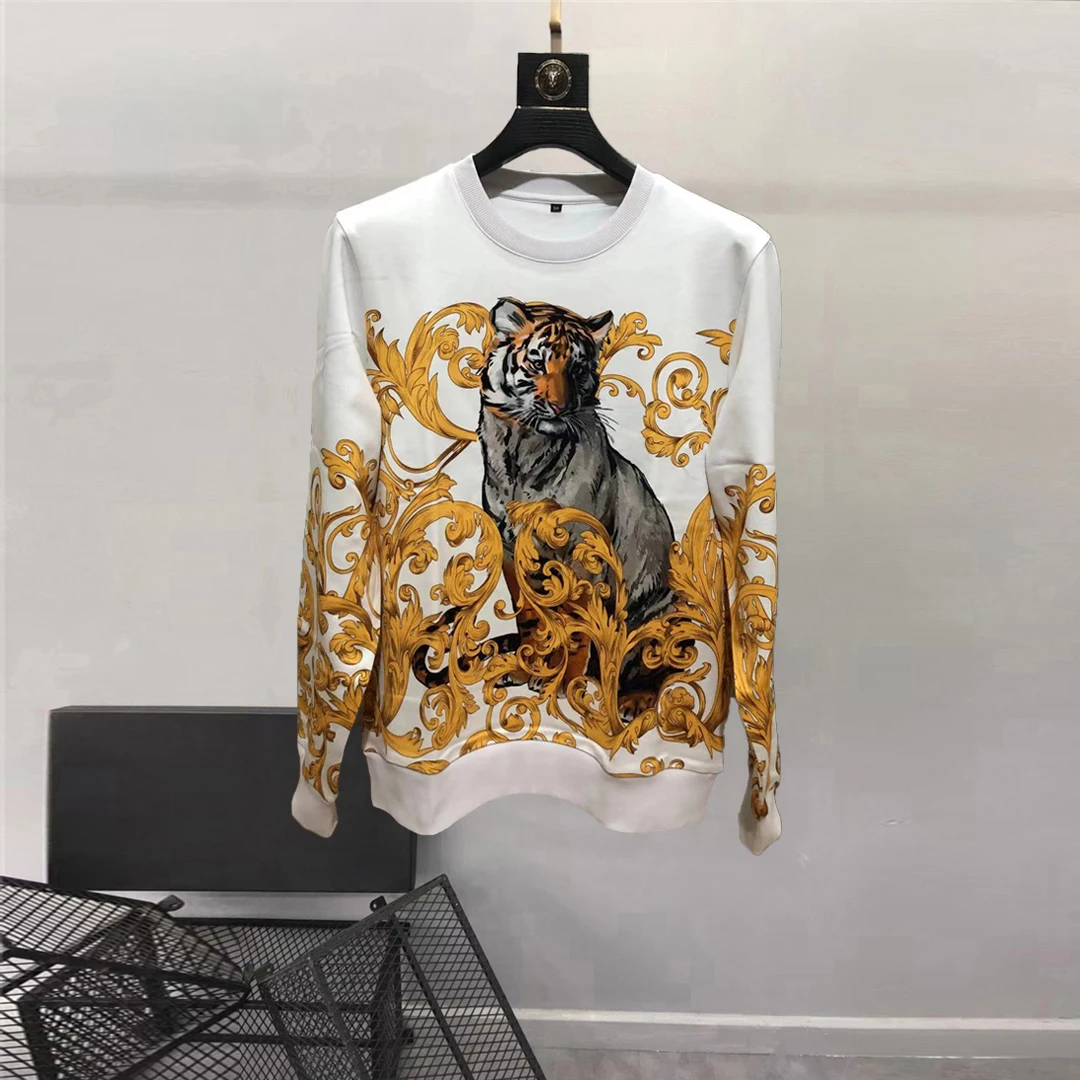 

European and American men's wear summer 2024 new Long-sleeved round collar Palace tiger print Fashion fleece