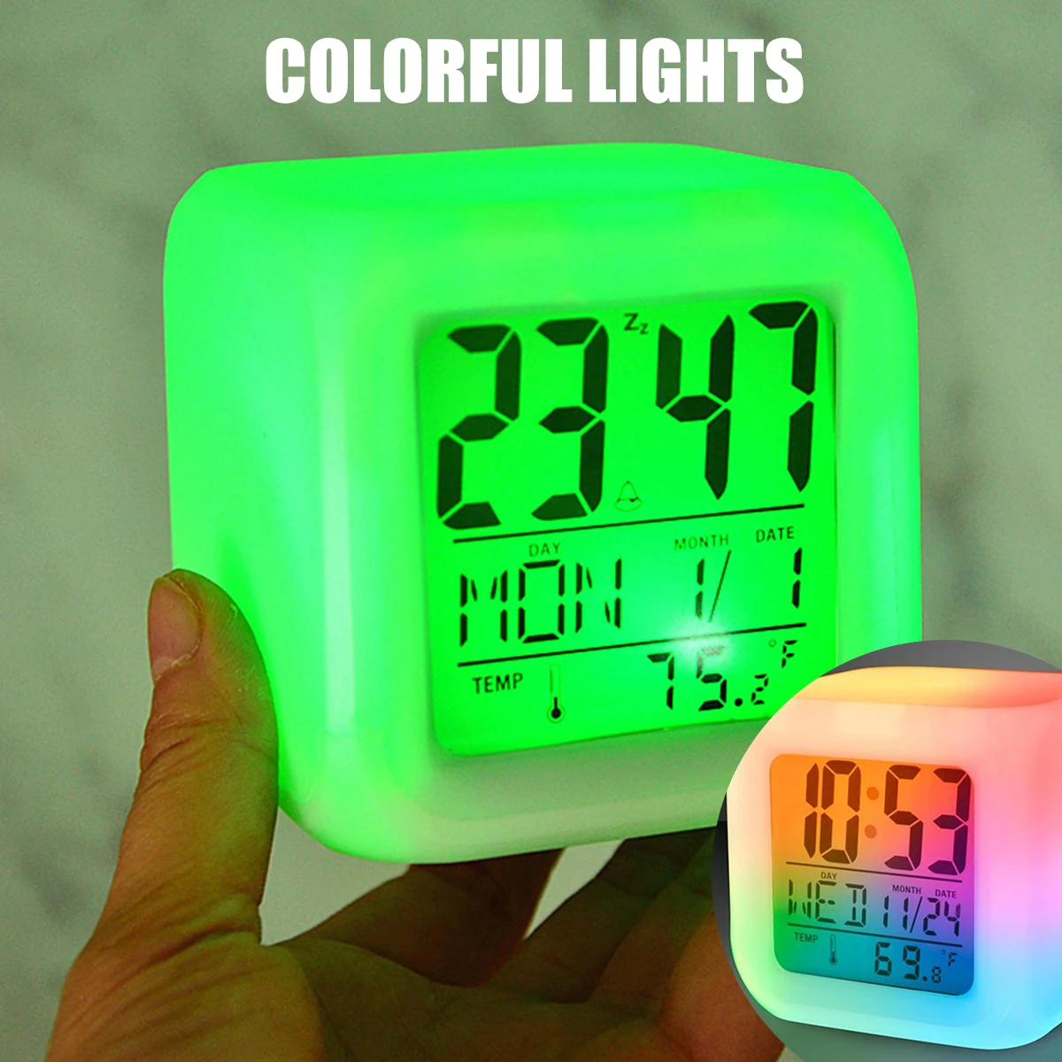 LED Digital Alarm Clock Mini Desk Cube Clock with Colorful Lights and Multiple Modes Multifunctional Glow Desk Home Office Clock