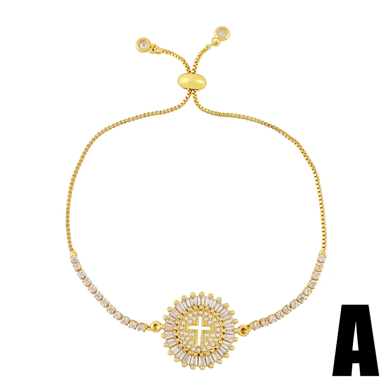 FLOLA Gold Plated Round Cross Virgin Mary Bracelets Women Stone Tree Of Life Bolo Bracelet Bangle CZ Wholesale Jewelry brtd12