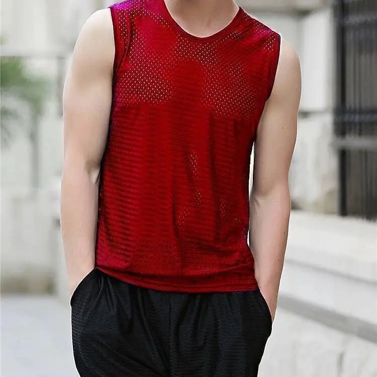 1PCS Men Tops Ice Silk Vest Outer Wear Quick-Drying Mesh Hole Breathable Sleeveless T Shirts Summer Cool Vest Beach Travel Tanks