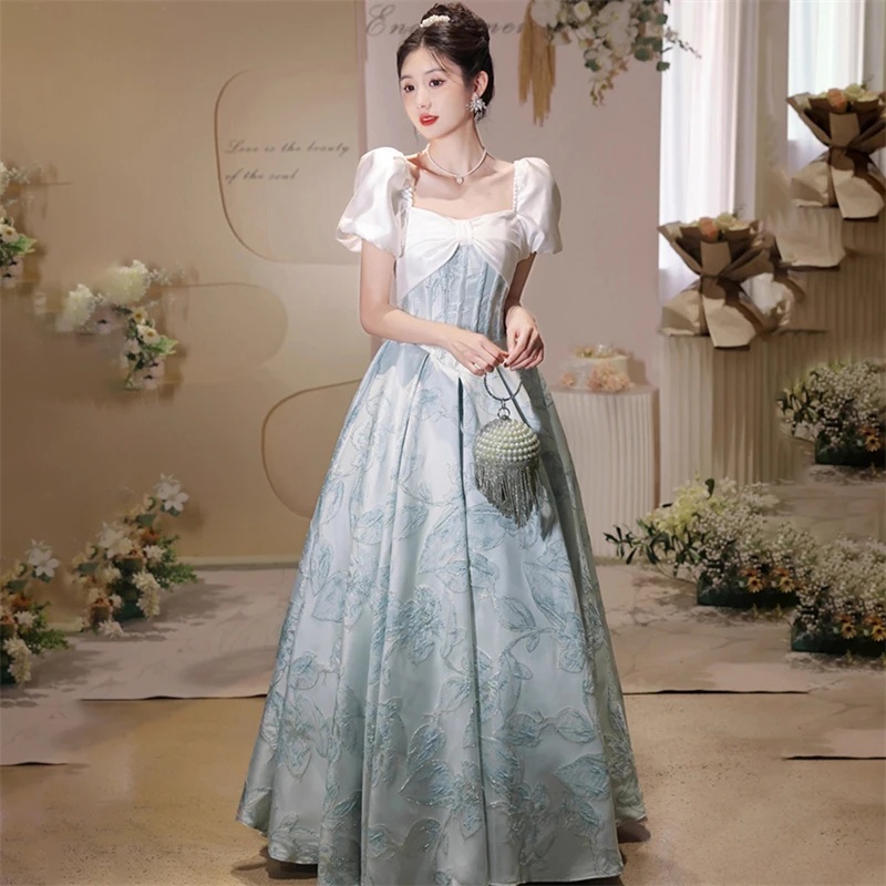 French Blue Evening Dress High-End Feeling Banquet Host Elegant Off-Shoulder Dress Puff Sleeve Long Dress Women's Clothing