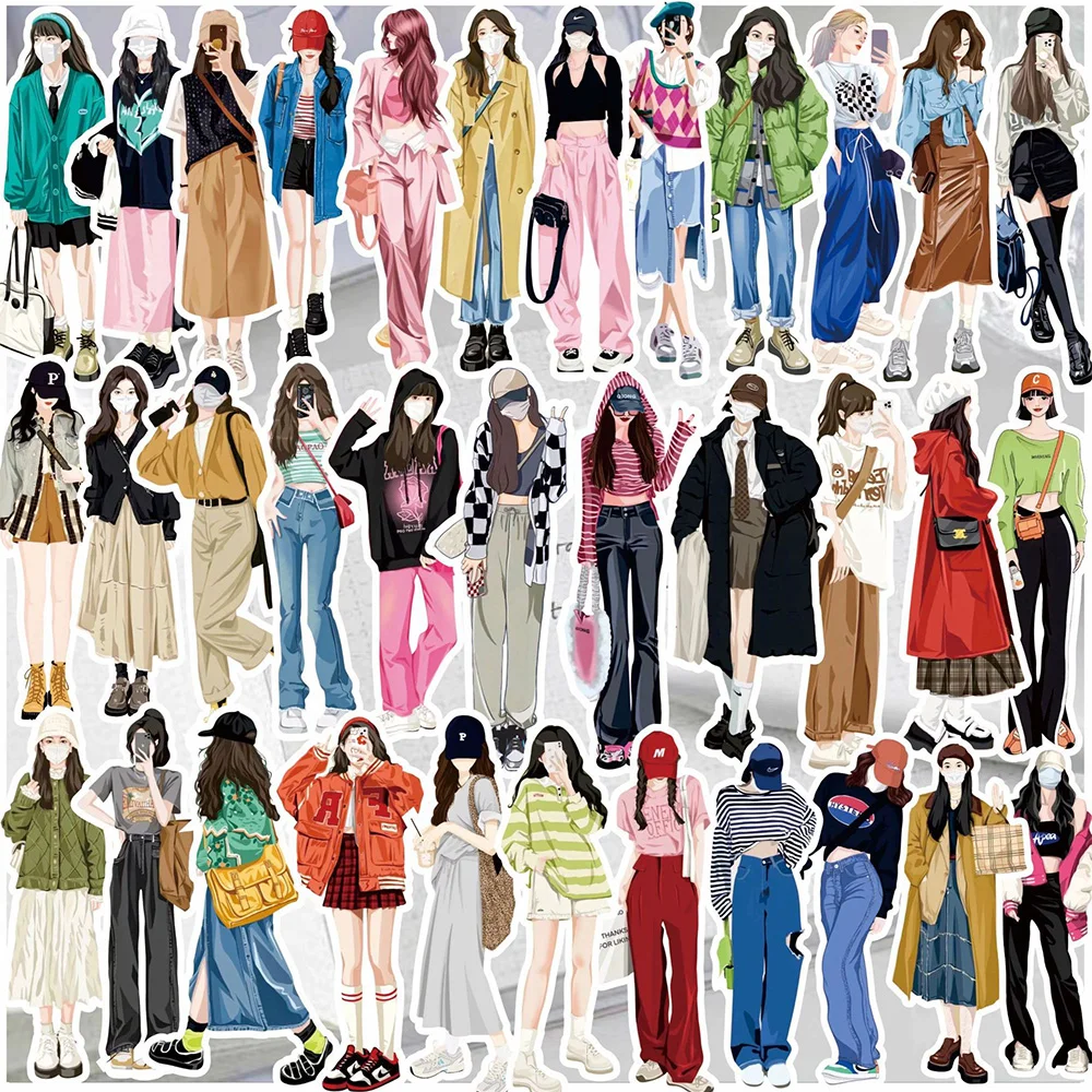 

10/30/58pcs Four Seasons Fashion Dress Girls Stickers Cute Dressing Up Characters Decals Notebook Luggage Phone Cartoon Sticker