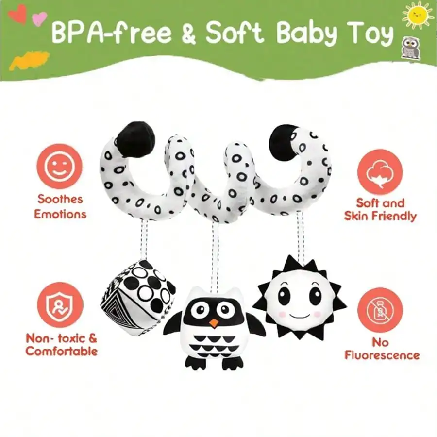 Poussette suspendue en spirale pour bébé, 1 pièce, jouets de siège de voiture, jouet sensoriel à contraste élevé noir et blanc, jouets en peluche pour nouveau-né, cadeaux pour bébé