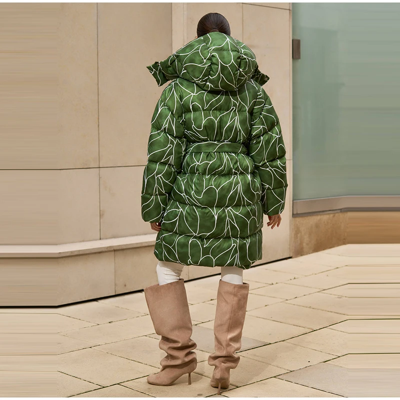 Leopard Print Hooded Puffer Women's Winter Coat Belted Waist Midi Length Padded Jackets for Woman Jacket Warm Streetwear
