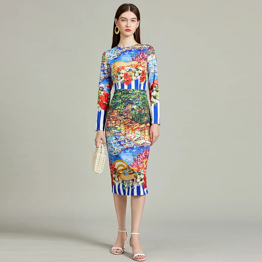 Runway Fashion Striped Landscape Painting Bodycon Dress Women Holiday O-Neck Long Sleeve Elegant Split Midi Vestidos 574