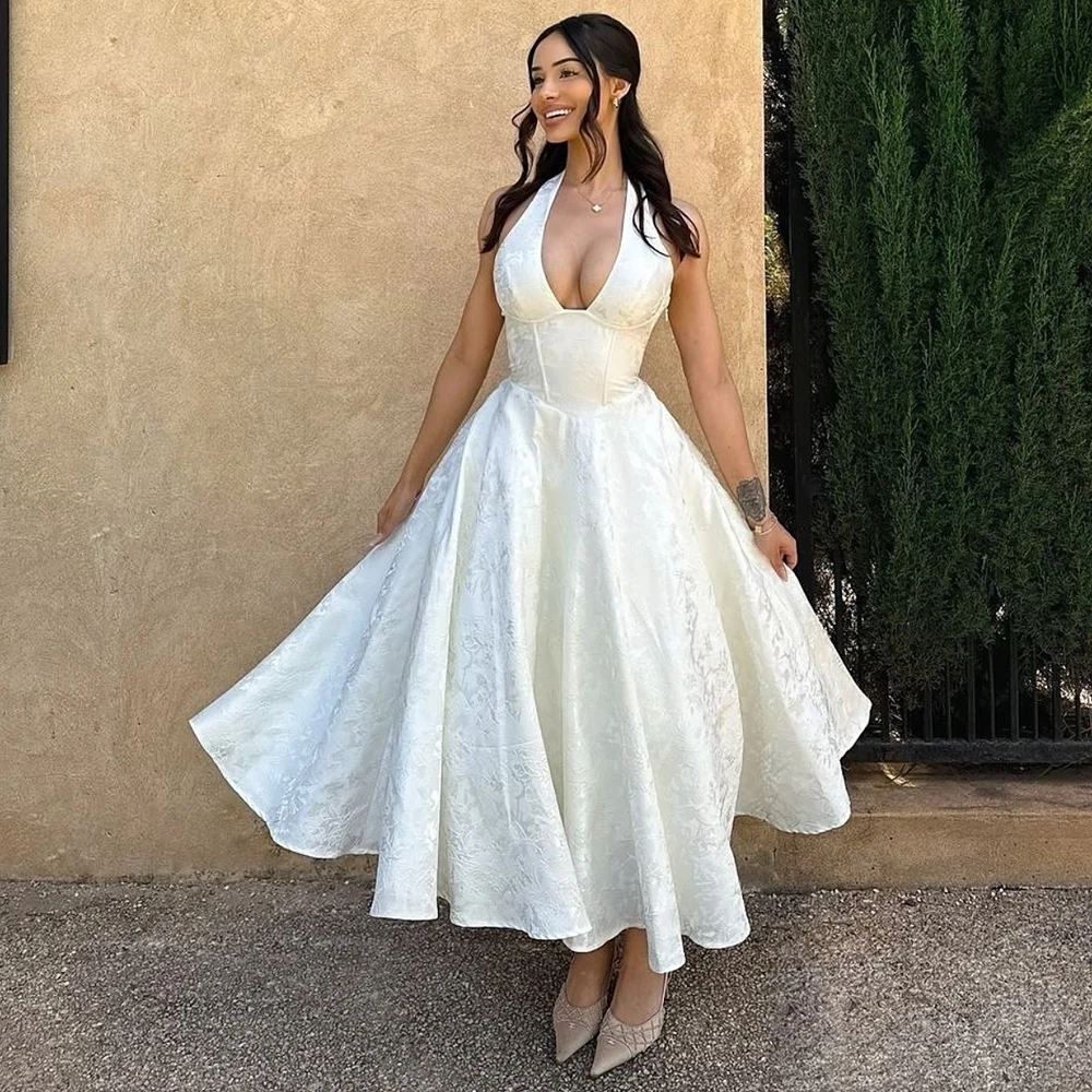

Chic Midi Wedding Dresses Satin A-line Wedding Party Dresses White Halter Pattern Ruched Hall Wedding Dress Mid 2025