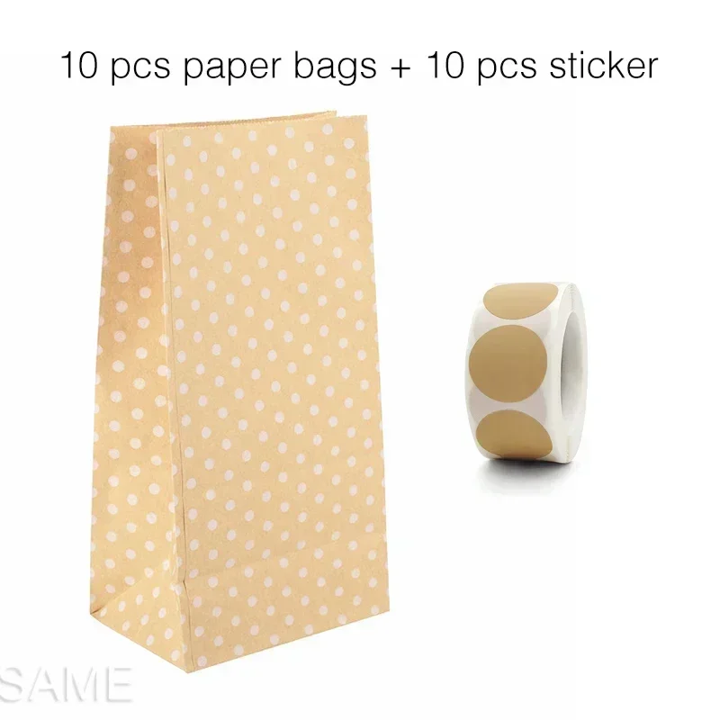 10 pcs Colorful Solid Stripe and Polka Dot Stand-Up Bags with Stickers - 18x9x6cm Favor Gift Packing Treat Bags for Wedding