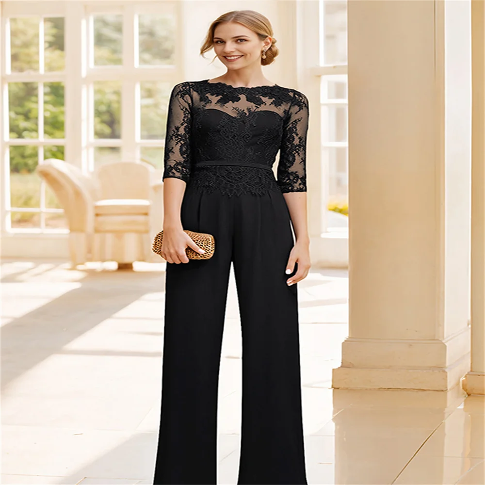 

Black Mother of the Bridal Dresses Chiffon Pants Suit Evening Dresses Elegant Applique Lace Women's Dresses With Half Sleeves