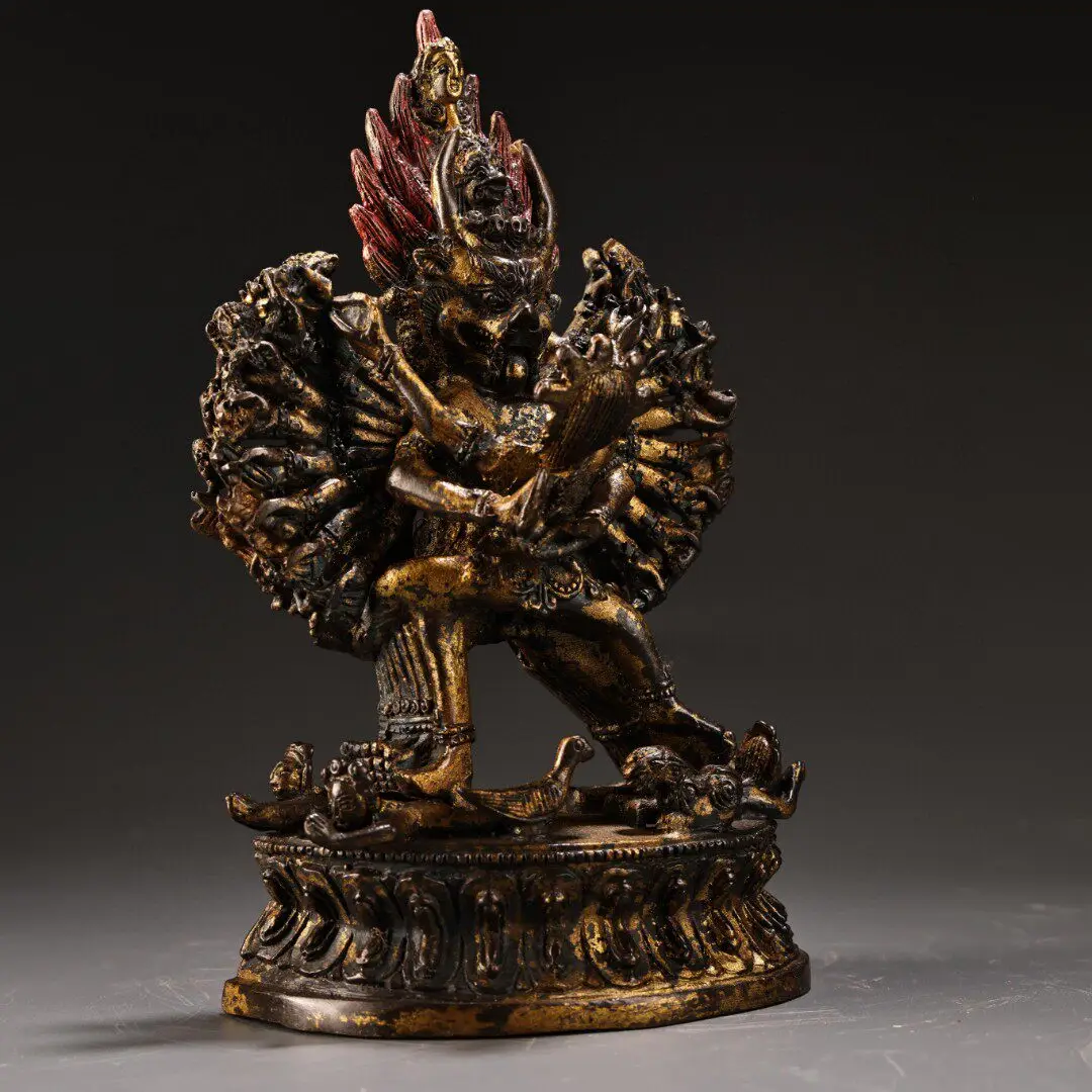 Nepal Tibetan Brass Yamantaka Bull Head Vajrabhairava Statue with Halo Home Temple Altar Decoration Feng Shui