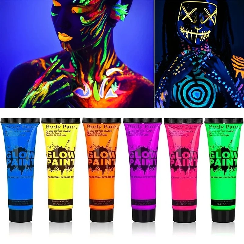 6PCS 10ml Fluorescent Paint Glow in The Dark Light Body Paint Face Painting for Party Halloween Event Makeup Club Makeup Xmas Gl