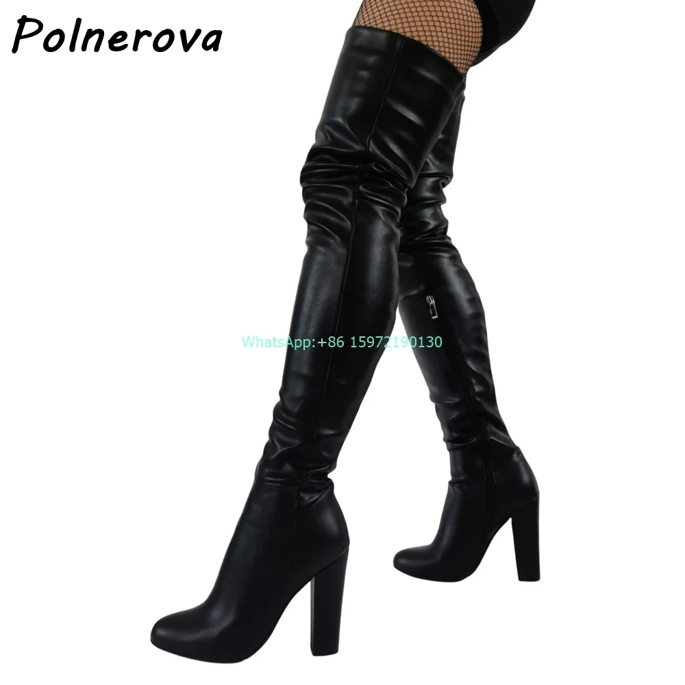 Black Chunky Heels Tight High Boots Solid Round Toe Side Zipper Sexy Stiletto Shoes Hotties Runway Fashion Street Photo Shoes