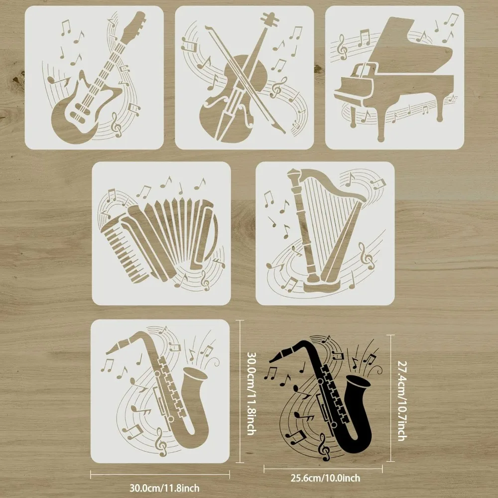 6PCS Musical Instrument Stencils 11.8x11.8 inch Guitar Violin Piano Accordion Harp Saxophone Drawing Stencil Large Reusable