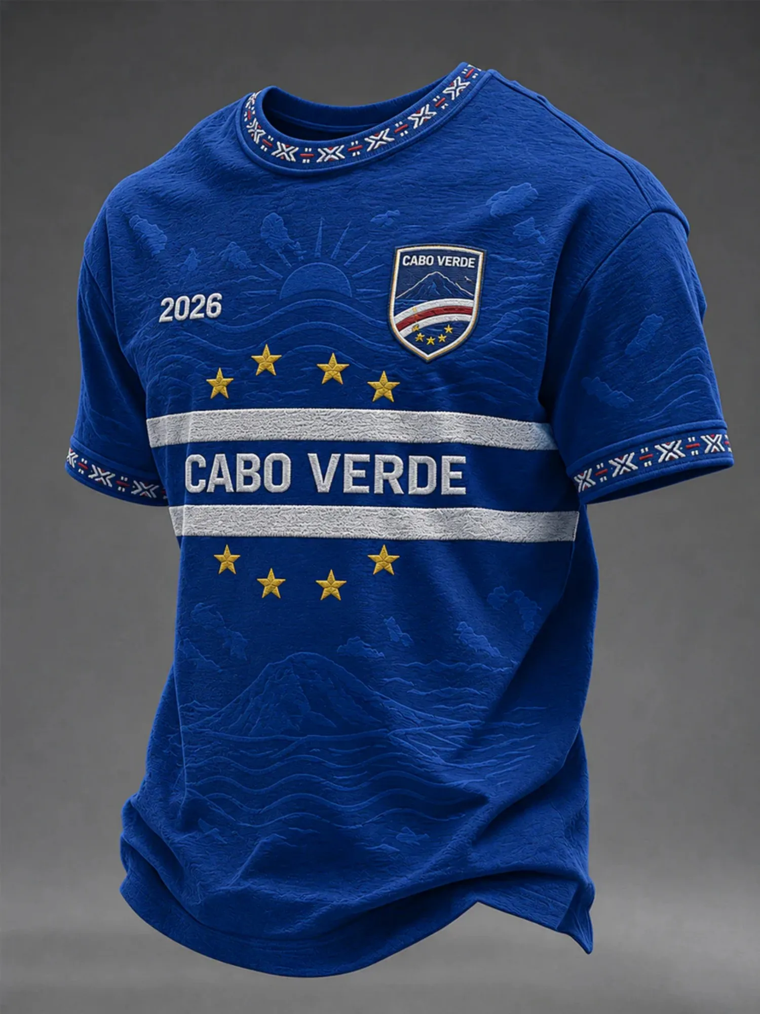 Mens Cabo Verde Crew Neck T Shirt Blue Star Print Short Sleeve Casual Top Minimal Stripe Style Summer Graphic Tee Daily Wear Fit
