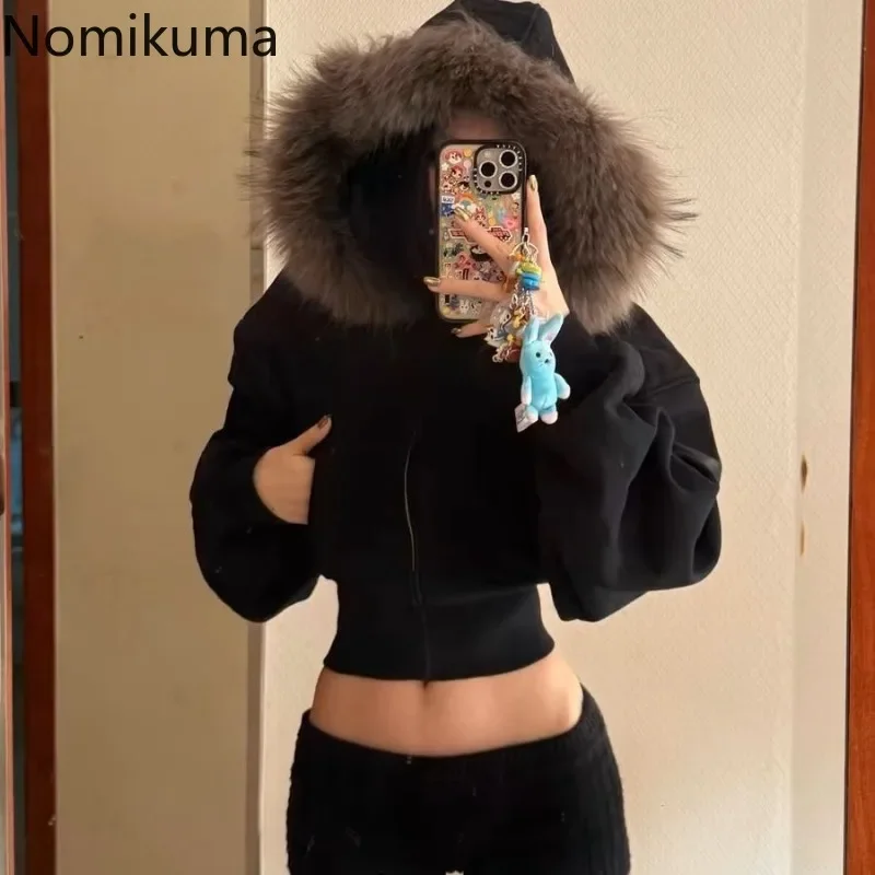 Gothic Black Hooded Coat for Women Harajuku Zipper Swratshirts Vintage Crop Tops Korean Thick Fashion Hoodies Casual Y2k Jackets