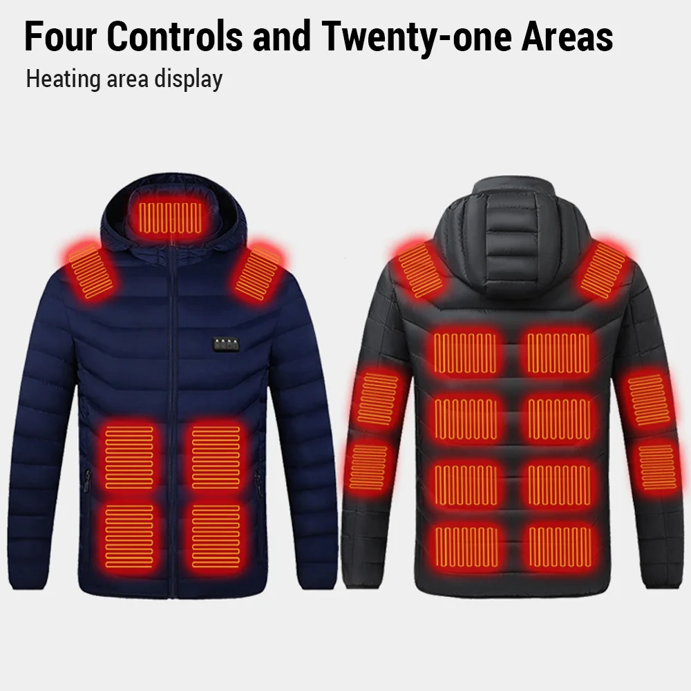 21 Heating Jacket Winter Warm USB Heating Vest Smart Thermostat Hooded Heated Clothing Waterproof Warm Padded Jacket 3XL