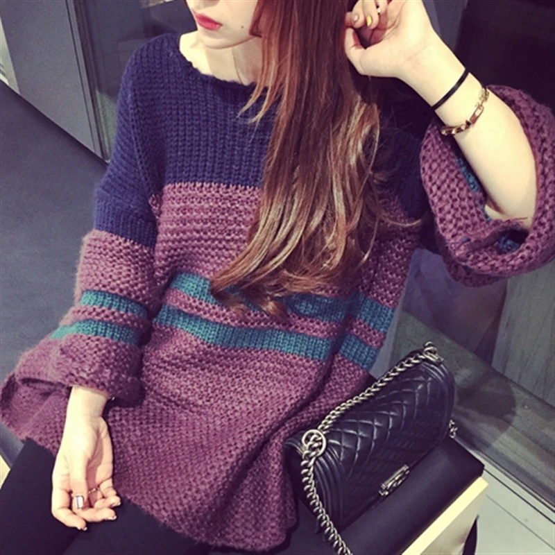 Korean Fashion Flare Sleeve Striped Sweaters For Female Autumn Winter Casual Trend Round Neck Knitted Pullovers Women\'s Clothing