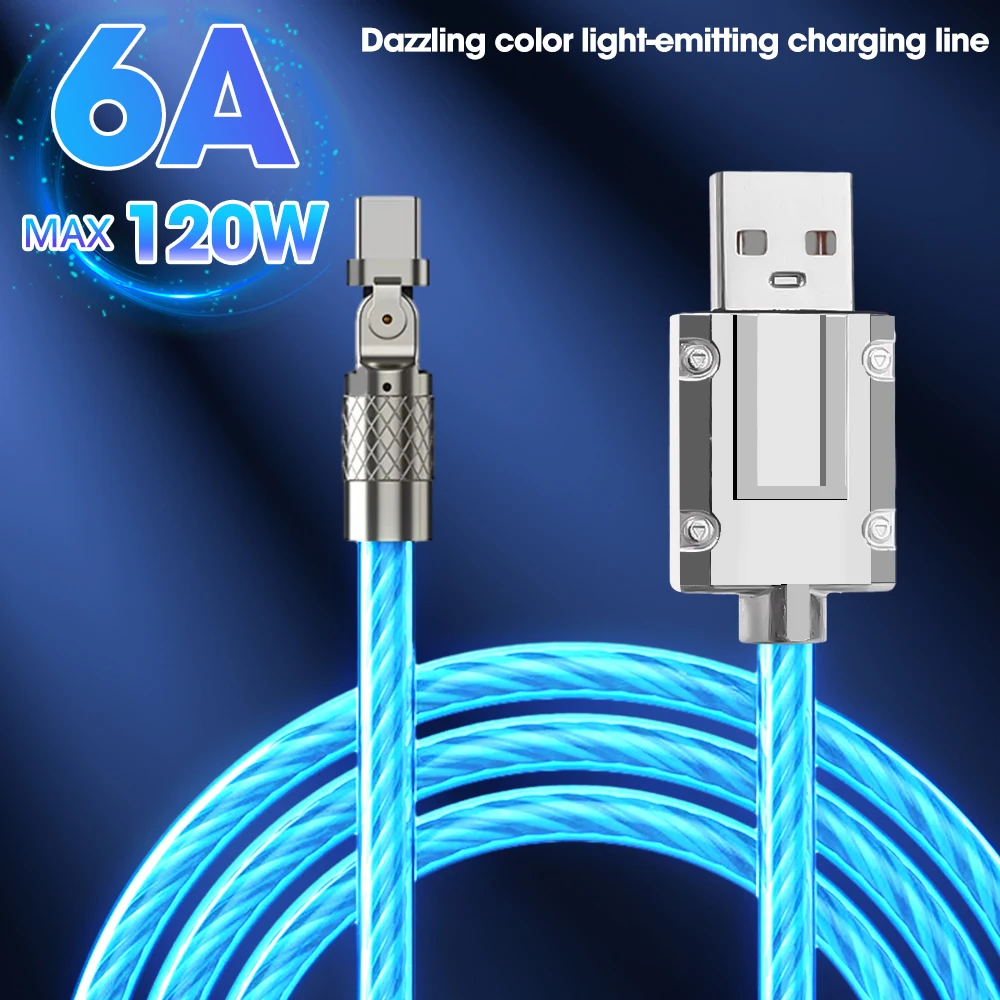 180° Rotation USB C Cable Flowing Light Up Zinc Alloy 120W 6A Fast Charging Data Cord for Samsung Xiaomi Huawei Type C Cables