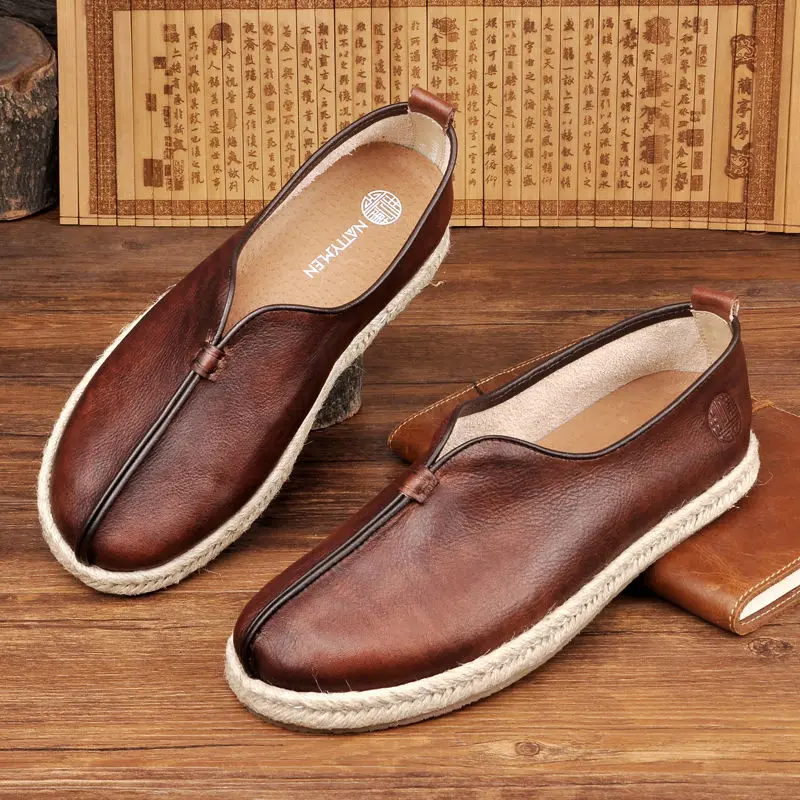 Genuine Leather Vintage Wing Chun Kungfu Shoes Chinese Traditional Shoes Wushu Tai Chi Old Peking Casual Flat Shoes Loafers