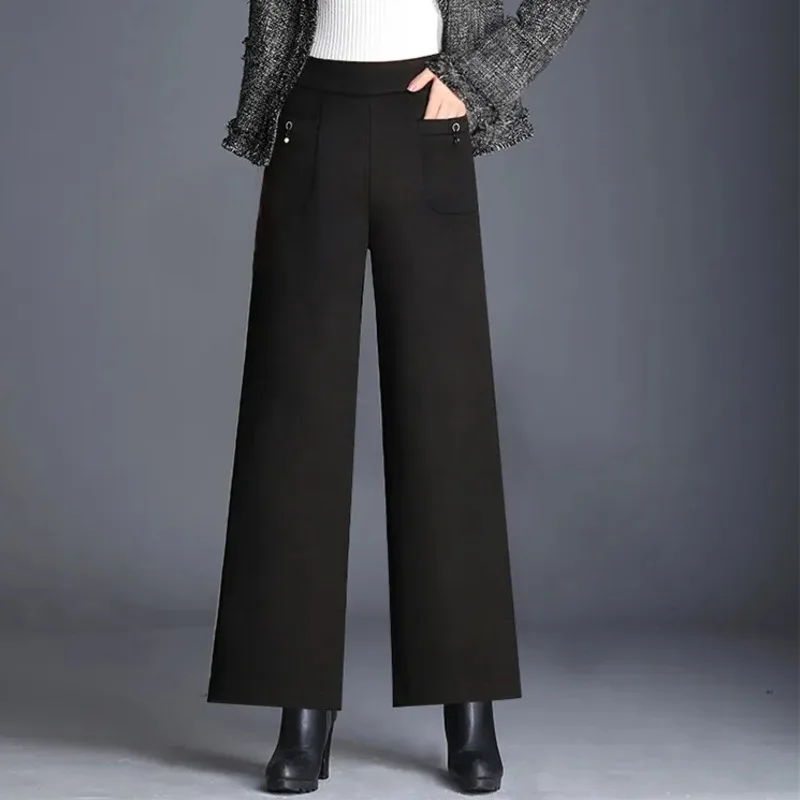 Woolen Cloth Wide-leg Pants Women Autumn Winter Solid Color Pocket Nine-point Pants Korean High Waist Loose Straight Trousers