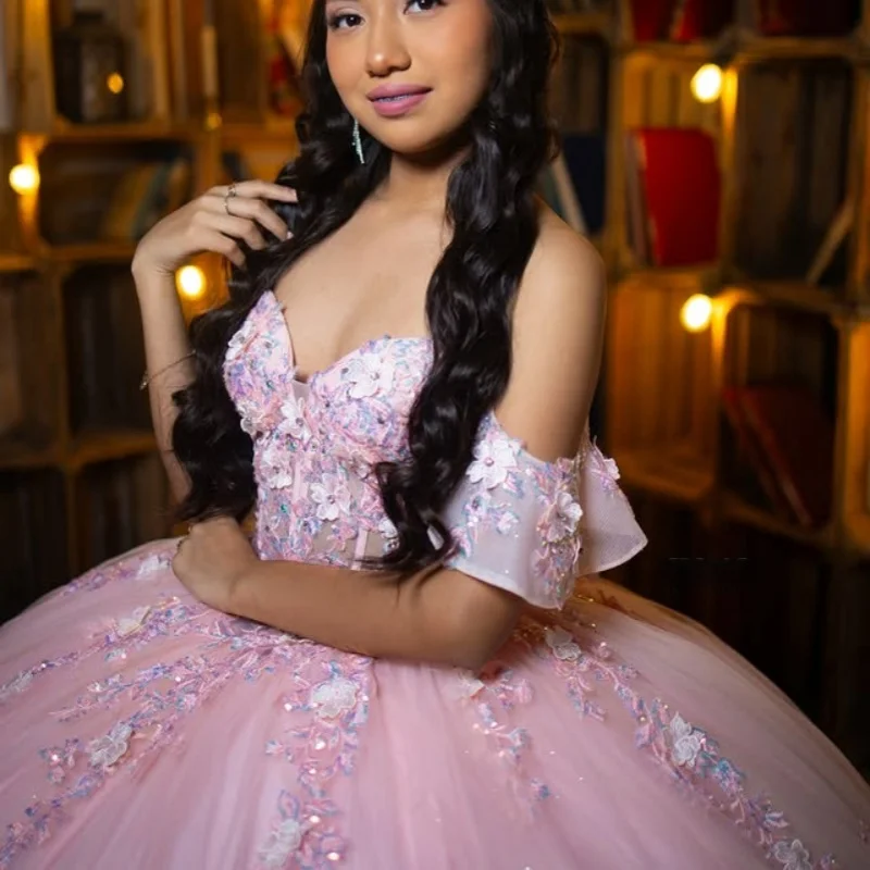 

Pink Quinceanera Dress off-shoulder crystal glitter flower decal Long tail vestidos de 15 Quinceanera ﻿Customize