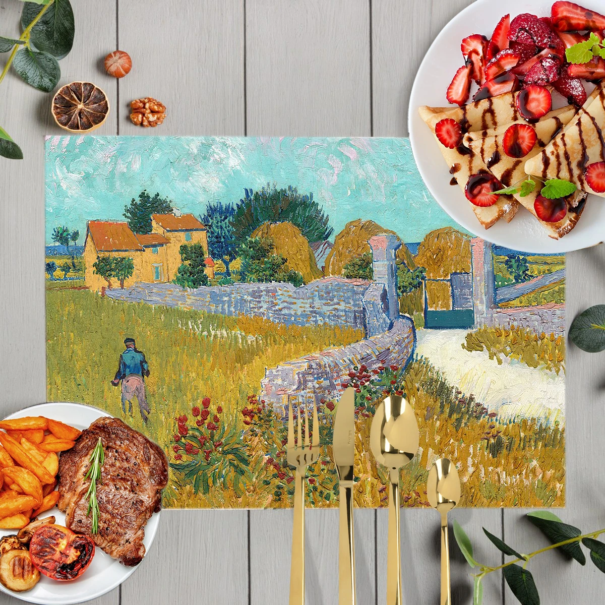 Oil Painting By Van Gogh Table Mats Sunflower Starry Night Coffee Cup Coaster Waterproof Linen Placemat Kitchen Accessories Dish