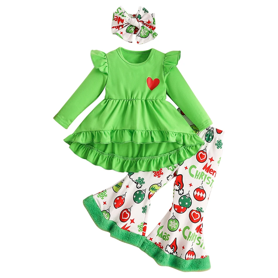 

Christmas Party Girls Casual Comfortable Ensemble Long Sleeve Floral Print Top and Plush Velvet Pants Hairband Set Children Sets