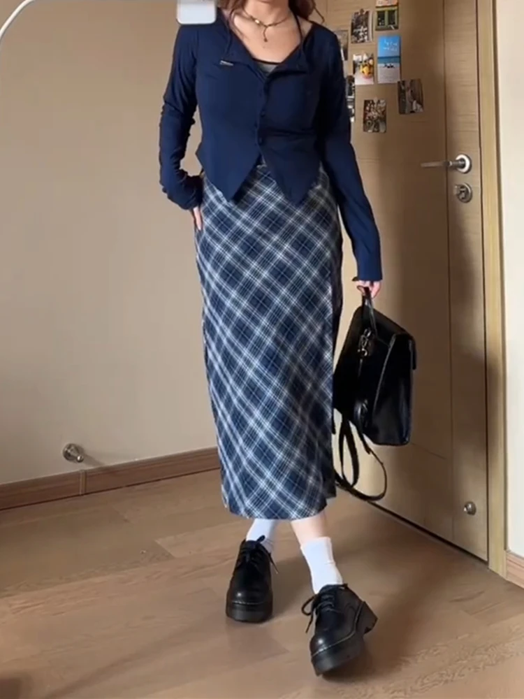 High Waist Plaid Midi Skirt Women's plus Size Conceal Meat Slim Pear ape A-Line Skirt Korean Sle Commute Pattern