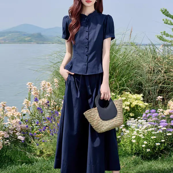 Minimalist Navy Blue 2 Piece Set Mandarin Collar Puff Sleeve Shirt High Waist Wide Leg Culottes For Women Summer Casual Outfits