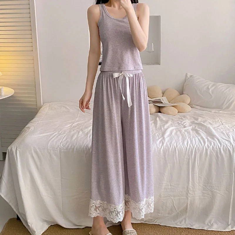 Summer Sweet Women Pajama Set Fashion Solid Color Sleeveless Tank Tops Lace Spliced Loose Pants Simple Casual Sleepwear Clothing