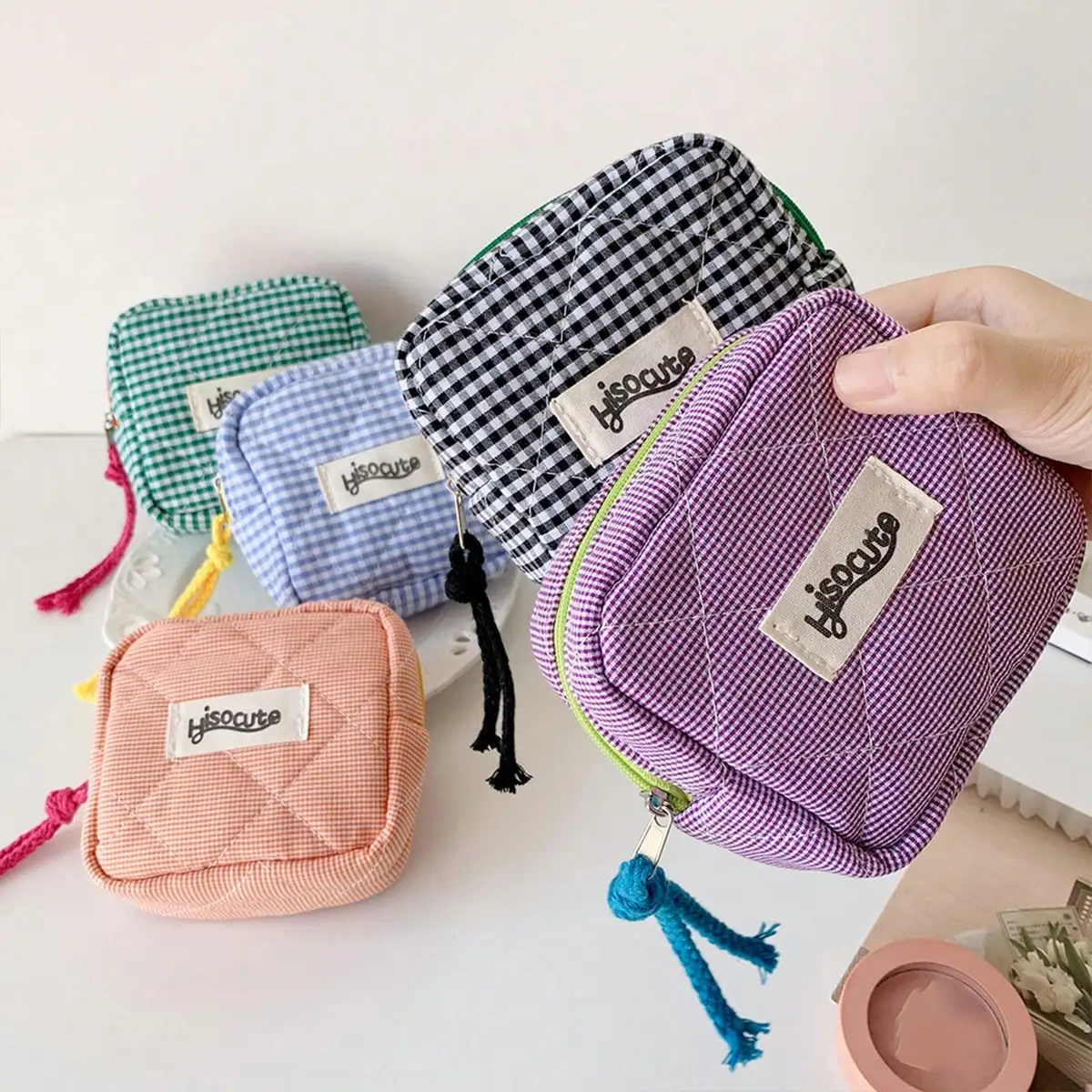 Chic Mini Plaid Multifuctional Storage Bag Minimalist Checkered Polyester Cosmetic Pouch Small With Tassel Zipper Coin Purse