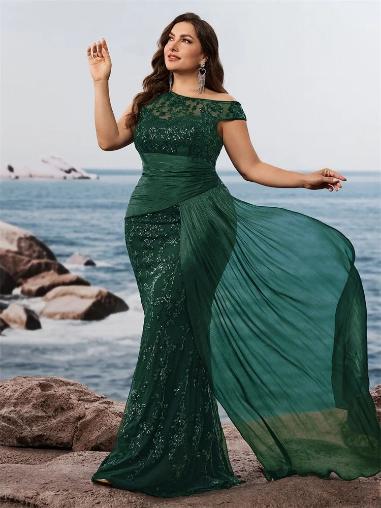 Lucyinlove Plus Size Elegante senza maniche con paillettes Patchwork Abiti da sera formali Abiti da cocktail per feste a sirena verde di lusso