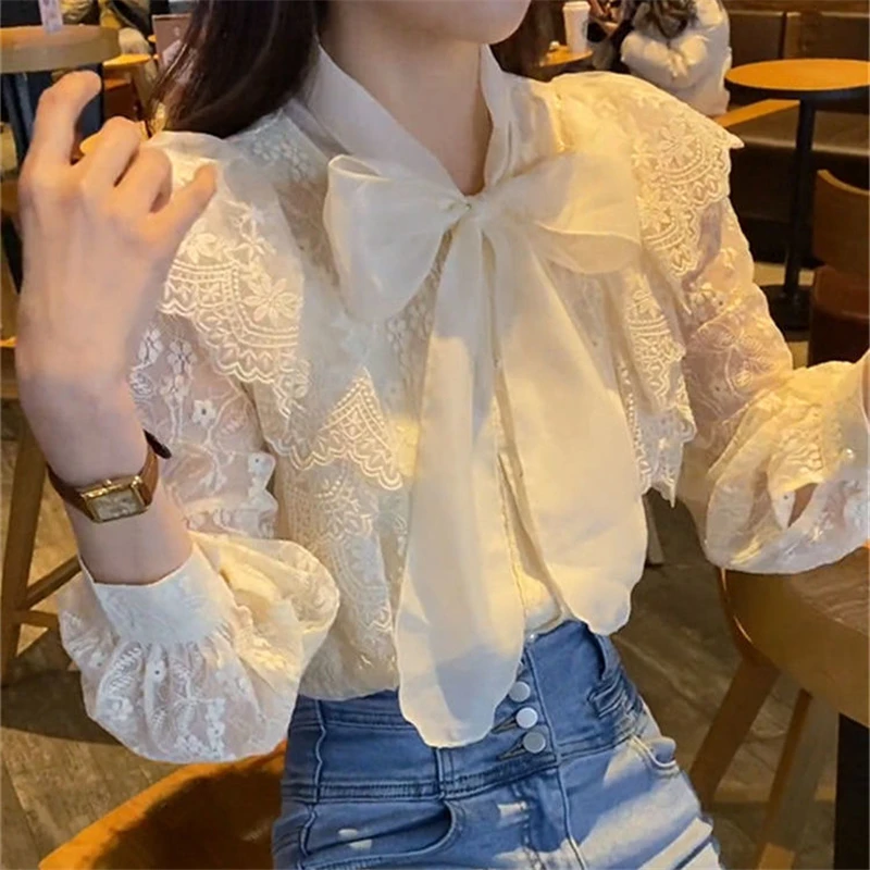 Women Vintage Embroidery Lace Bow Elegant Chic Shirts Spring Autumn Fashion Y2K Long Sleeve Solid Sweet Blouse Blusas Para Mujer