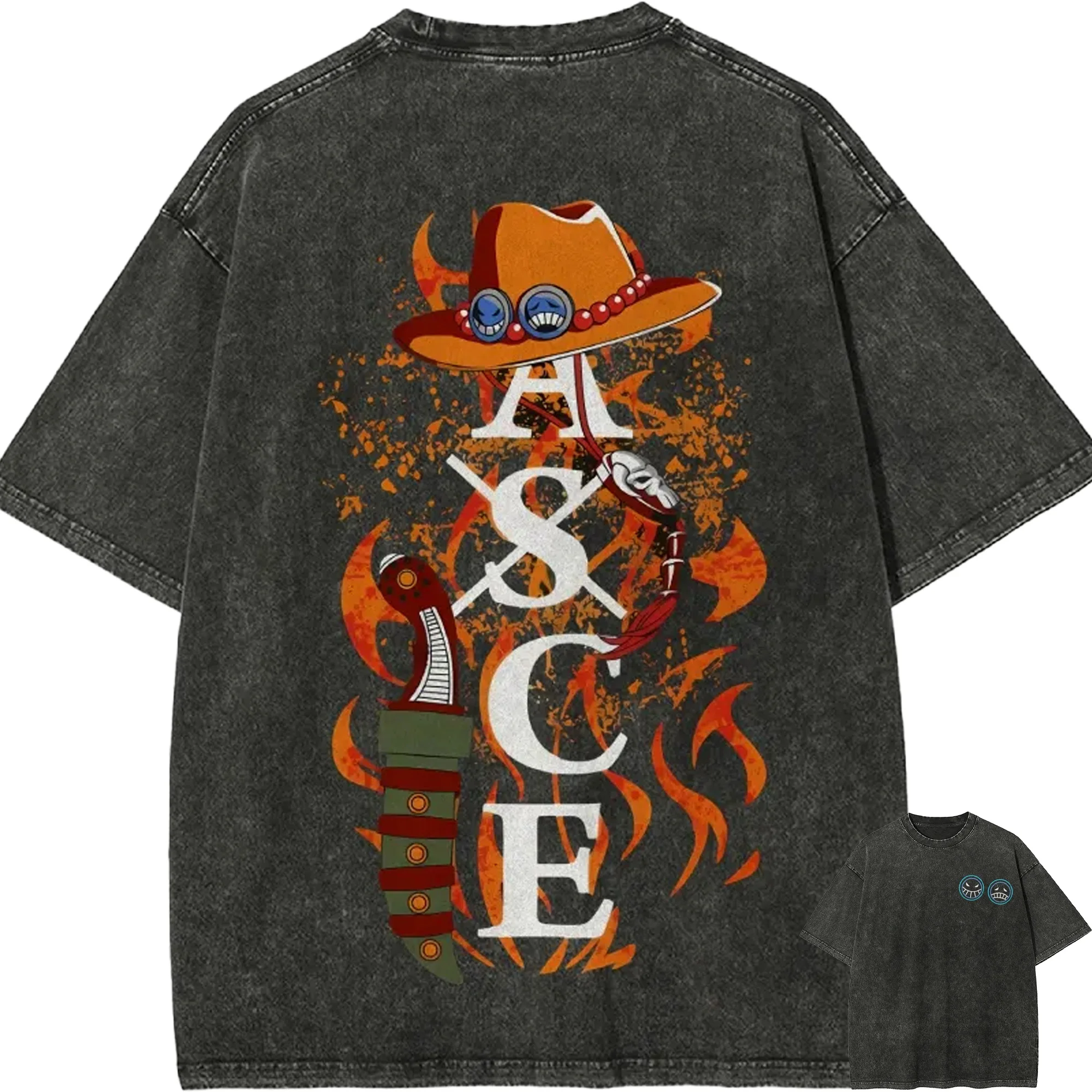 Ace T-Shirt One Piece ASCE Tattoo Fire Vintage Acid Wash Streetwear Übergroßes Retro Japanisches Anime Grafik Baumwoll-Herren-T-Shirt