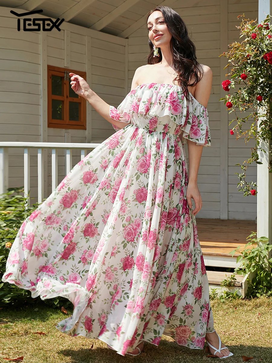 

Yesexy Floral Dresses Female Chic Elegant Casual Party DressesStrapless Maxi Vacation Print Dress