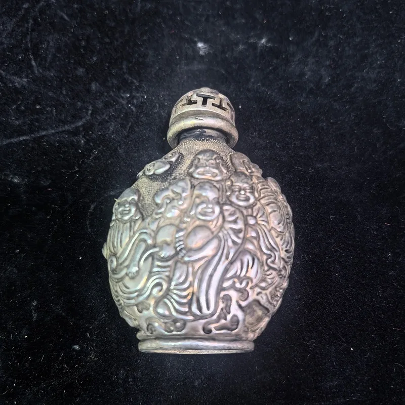 Antique, Items, Ancient Smoking Accessories, Gilded Silver , Eighteen Arhats White Copper Snuff Bottle, Qing
