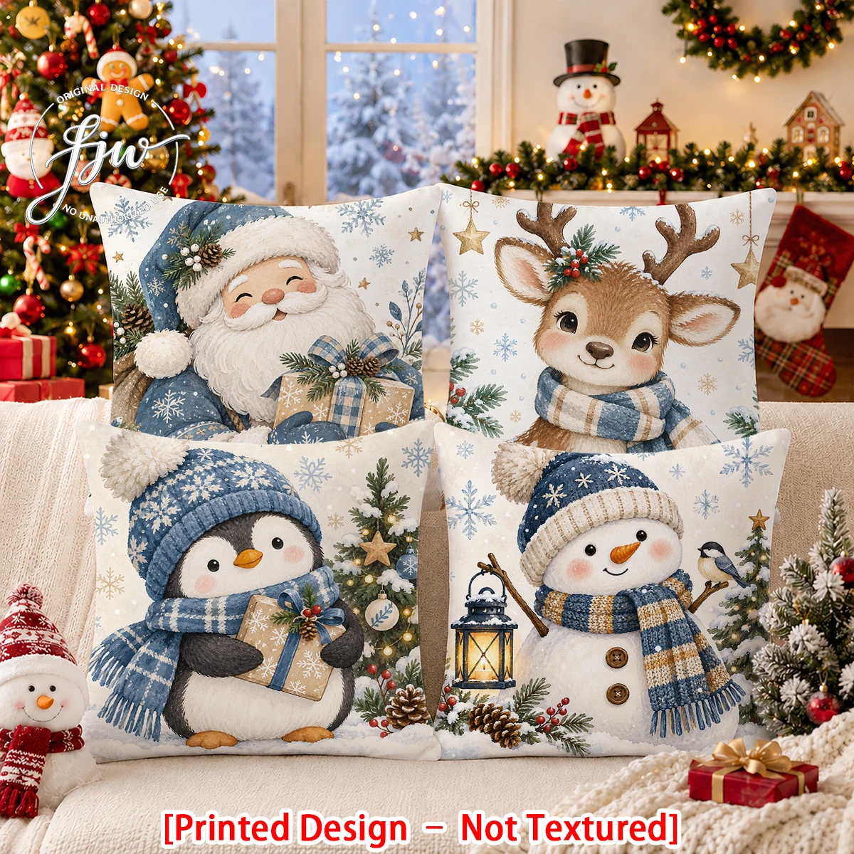 2/4pc Christmas Throw Pillow Covers Cute Winter Santa Reindeer Penguin Snowman Holiday Cushion Cases for Home Sofa Decor